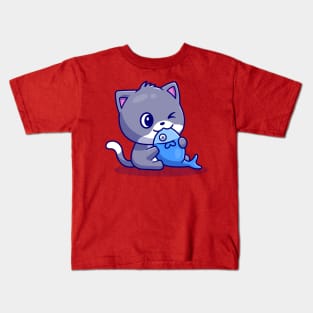 Cute Cat Eating Fish Cartoon Kids T-Shirt